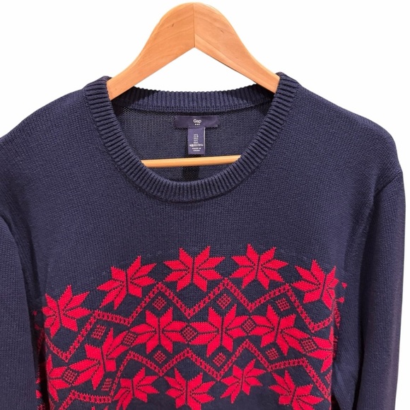 Gap Men’s Sweater Size L Navy Red Fair Isle Pattern 100% Cotton Crewneck Preppy - Picture 4 of 11